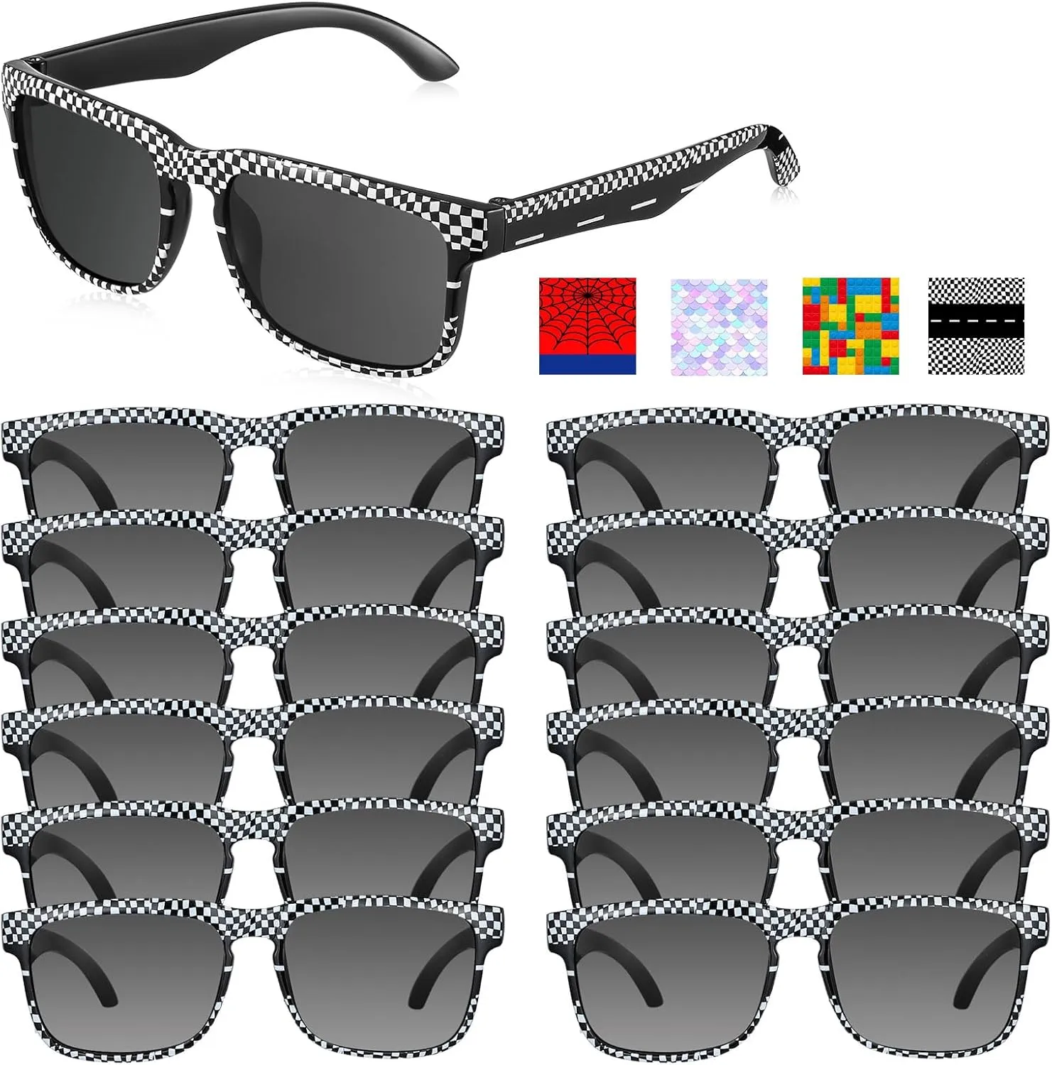 12 Pack Race Car Checkered Sunglasses for Kids Party Favors Plastic Sunglasses for Summer Pool Beach Accessories Birthday Gifts