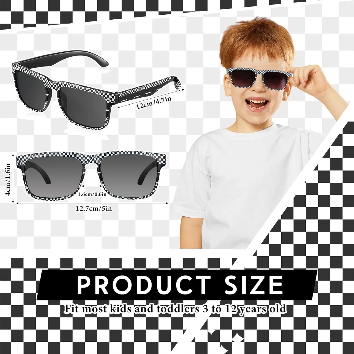 12 Pack Race Car Checkered Sunglasses for Kids Party Favors Plastic Sunglasses for Summer Pool Beach Accessories Birthday Gifts