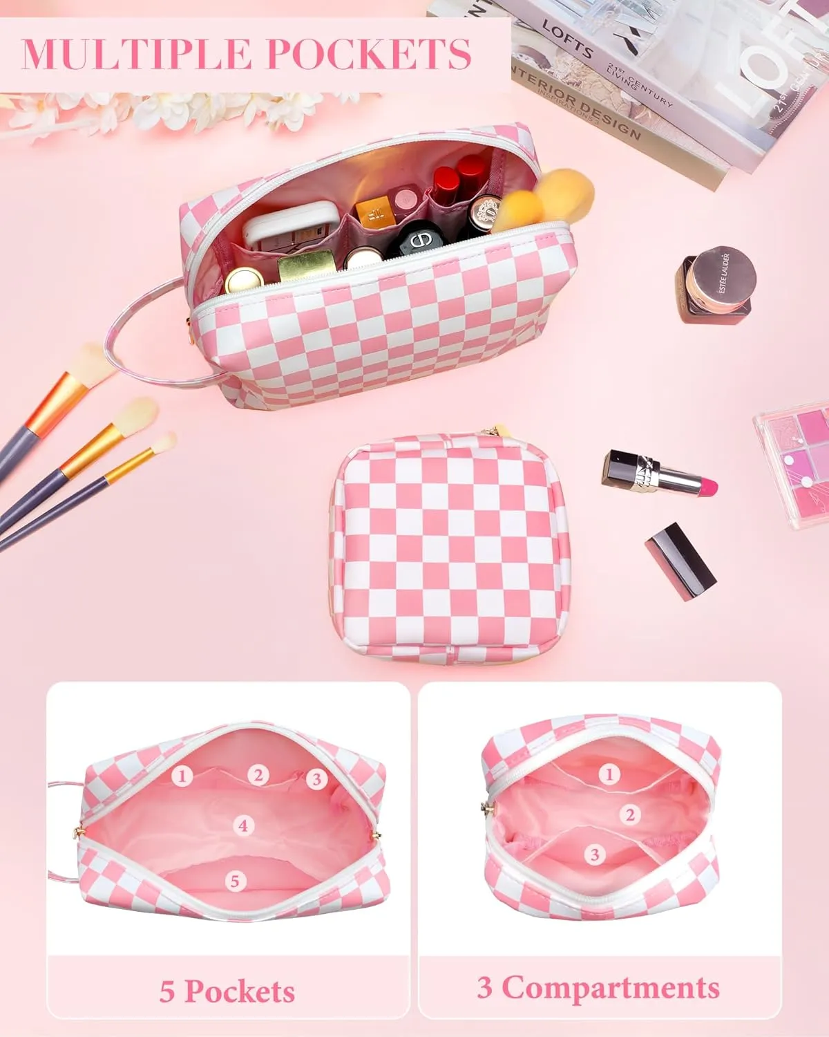 2Pcs Makeup Bag for Women, Large Checkered Cosmetic Bags with Small Makeup Pouch Set, Cute Leather Make Up Orgnizer with Zipper, Travel Skincare Toiletry Storage Bag for Teens Girls Gifts(Brown)