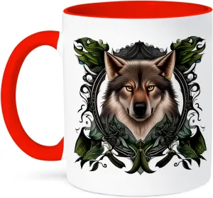 3dRose Coffee Mug, Size - 15oz - A Timber Wolf Surrounded By Ladys Slipper Minnesota State Tattoo Art Acrylic Painting - Minnesota Emblem - funny coffee cup gift