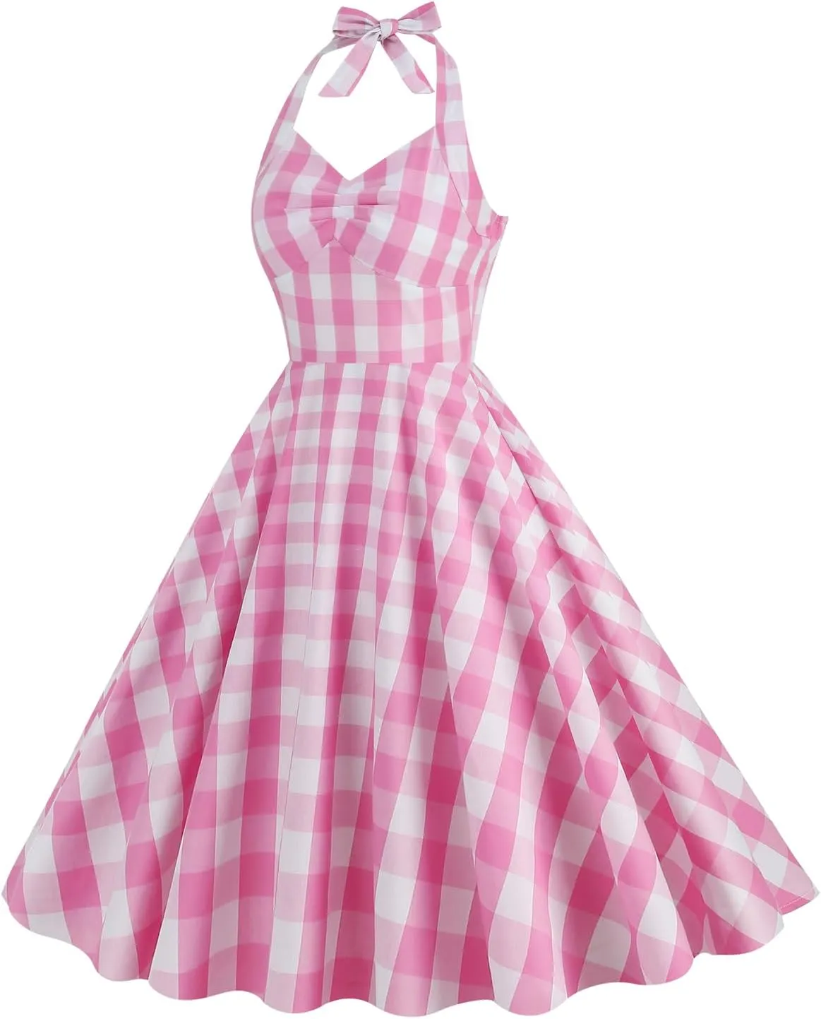 50s Plaid Halter Dresses for Women Vintage Pink Rockabilly Dresses 1950 Polka Dot Swing Dresses Pin Up Knee Length Dress