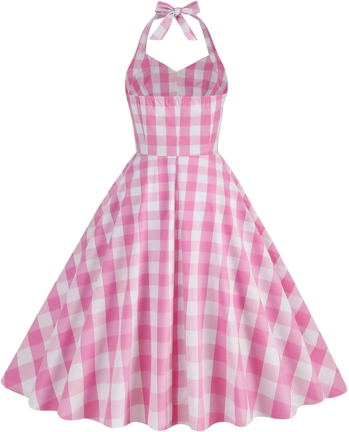 50s Plaid Halter Dresses for Women Vintage Pink Rockabilly Dresses 1950 Polka Dot Swing Dresses Pin Up Knee Length Dress