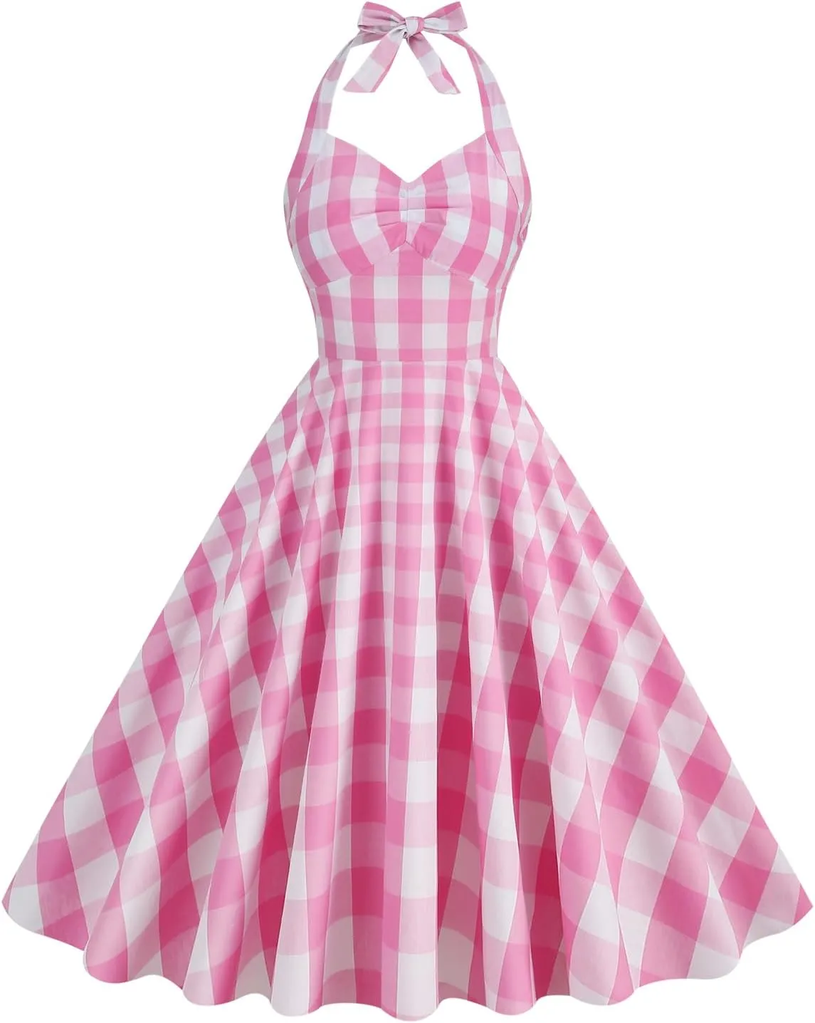 50s Plaid Halter Dresses for Women Vintage Pink Rockabilly Dresses 1950 Polka Dot Swing Dresses Pin Up Knee Length Dress