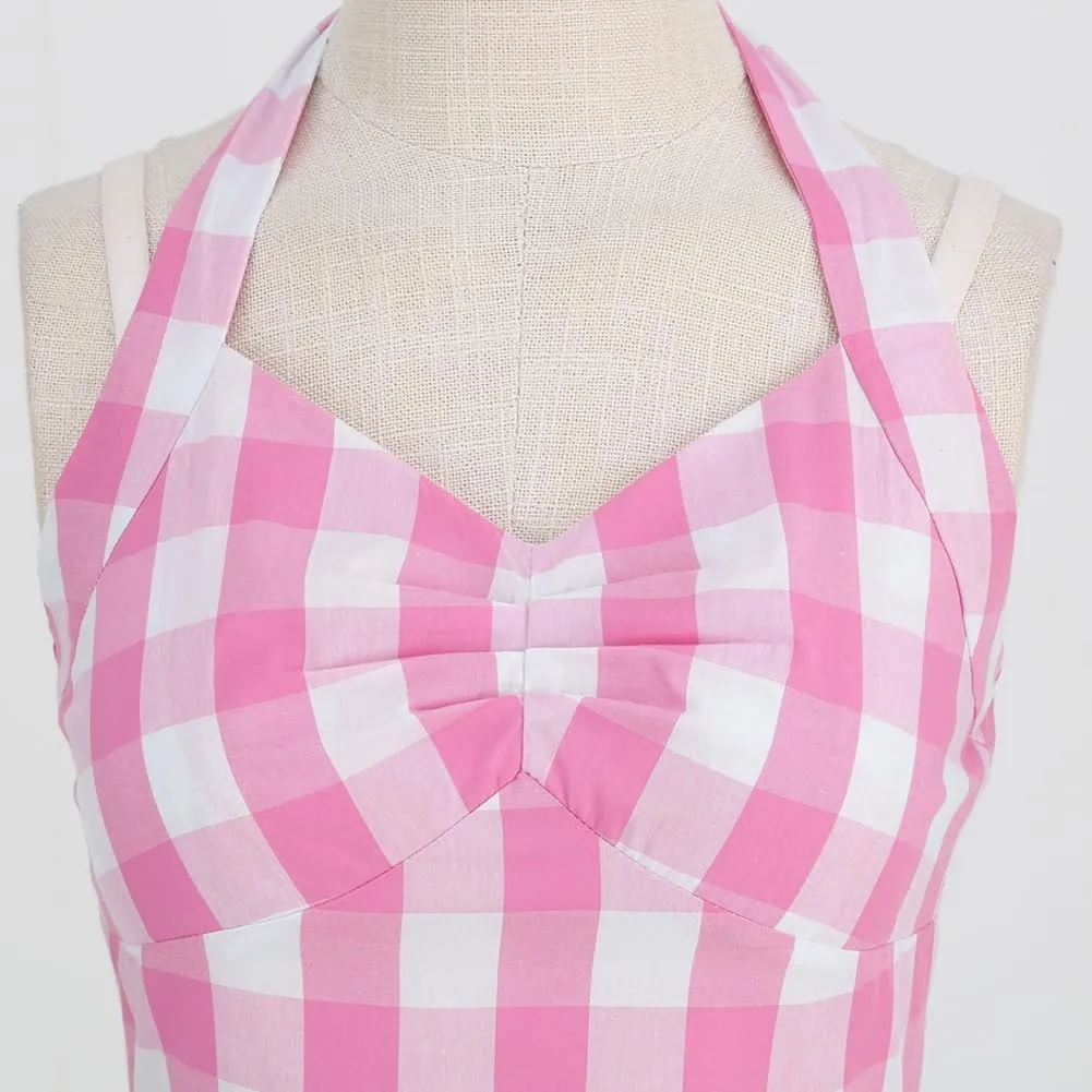 50s Plaid Halter Dresses for Women Vintage Pink Rockabilly Dresses 1950 Polka Dot Swing Dresses Pin Up Knee Length Dress
