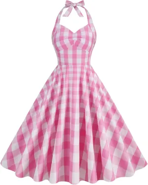 50s Plaid Halter Dresses for Women Vintage Pink Rockabilly Dresses 1950 Polka Dot Swing Dresses Pin Up Knee Length Dress