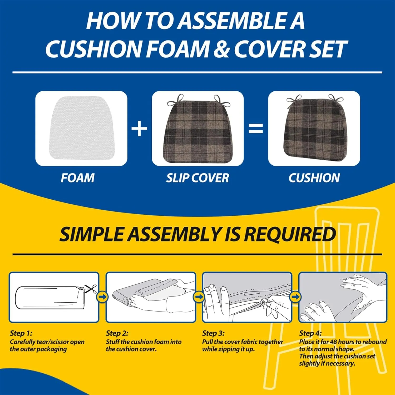 AAAAAcessories D-Shaped Chair Cushions, 2" Thick Dining Chair Pads with Ties and Removable, Machine-Washable Cover, 17" x 16", Set of 4, Brown Checkered