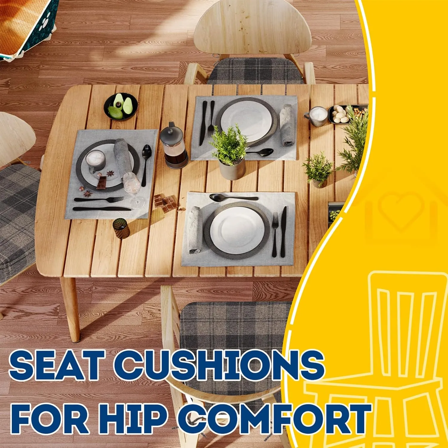 AAAAAcessories D-Shaped Chair Cushions, 2" Thick Dining Chair Pads with Ties and Removable, Machine-Washable Cover, 17" x 16", Set of 4, Brown Checkered