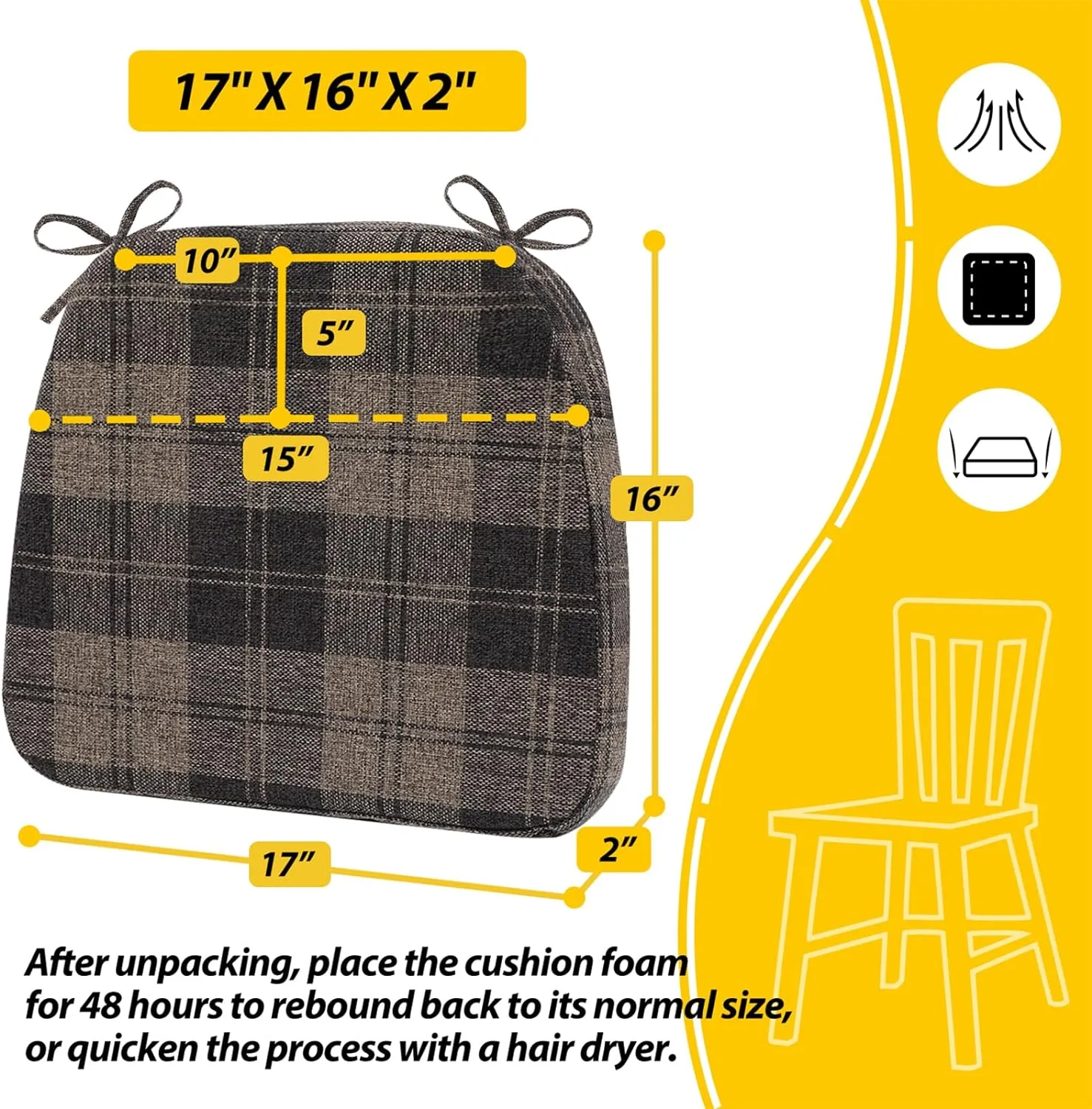 AAAAAcessories D-Shaped Chair Cushions, 2" Thick Dining Chair Pads with Ties and Removable, Machine-Washable Cover, 17" x 16", Set of 4, Brown Checkered