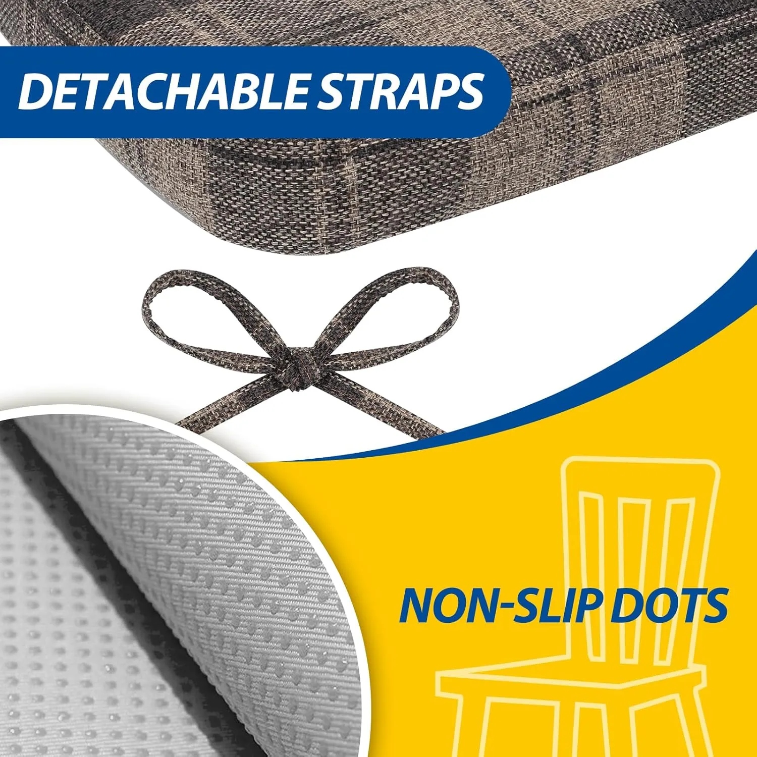 AAAAAcessories D-Shaped Chair Cushions, 2" Thick Dining Chair Pads with Ties and Removable, Machine-Washable Cover, 17" x 16", Set of 4, Brown Checkered