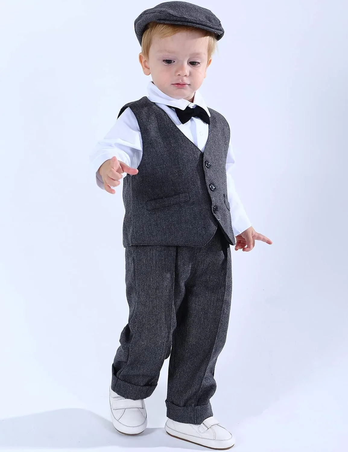 A&J DESIGN 4pcs Baby Boys Suit, 3 Months - 18 Months, Gentleman Romper & Vest & Berets Hat & Bow Tie