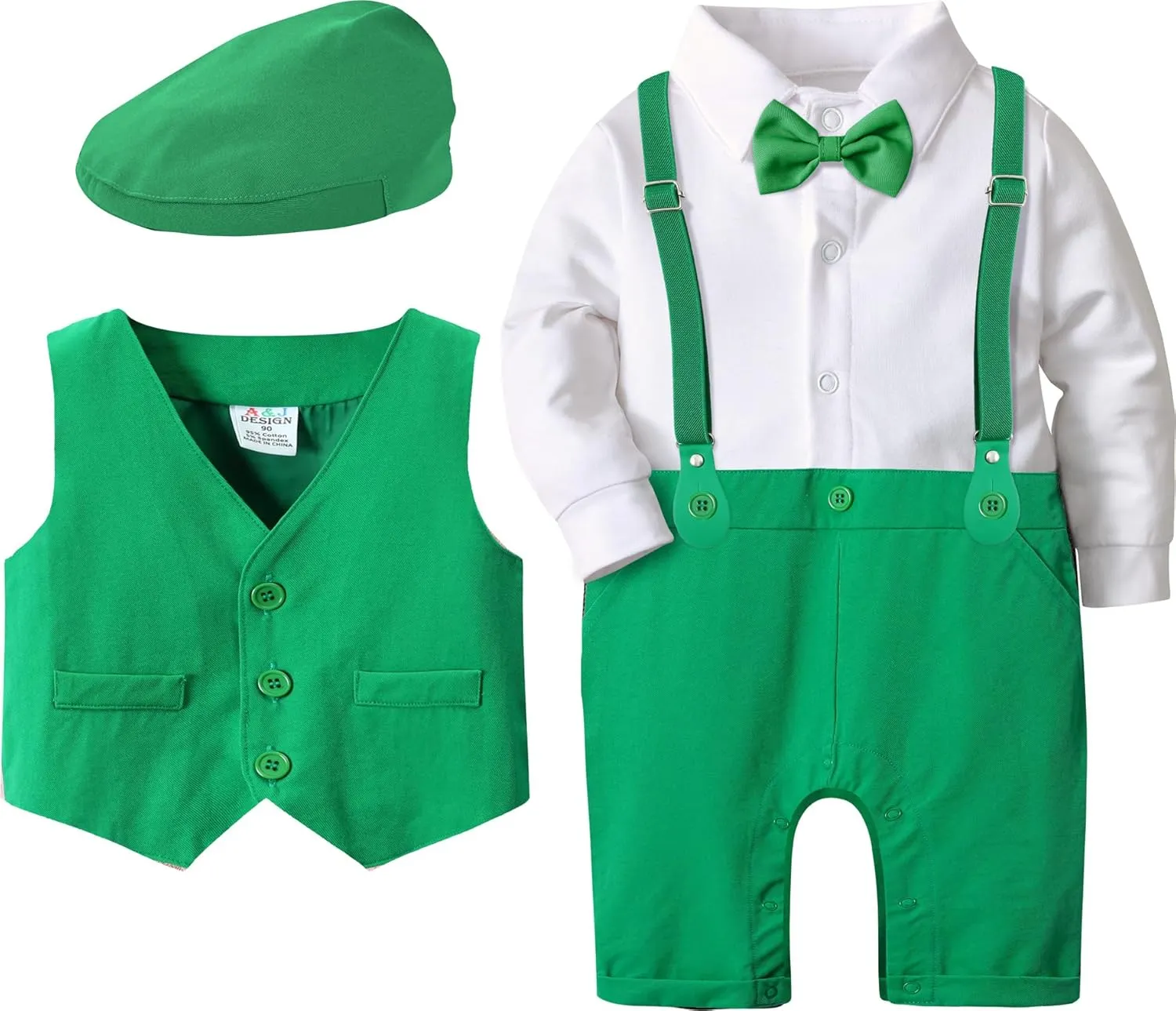 A&J DESIGN 4pcs Baby Boys Suit, 3 Months - 18 Months, Gentleman Romper & Vest & Berets Hat & Bow Tie