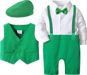 A&J DESIGN 4pcs Baby Boys Suit, 3 Months - 18 Months, Gentleman Romper & Vest & Berets Hat & Bow Tie