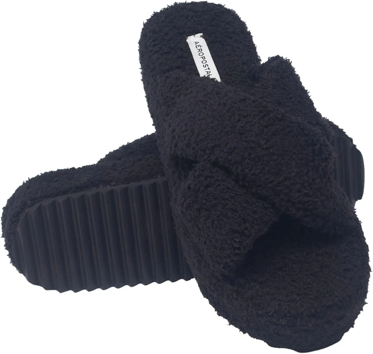AEROPOSTALE Fuzzy Open Toe Slippers Shoes for Women – Soft Faux Sherpa Fur House Slippers with Memory Foam X Band, Indoor & Outdoor Non-Slip Sole, Fluffy Criss-Cross Design for Bedroom, Spa, and Lounge