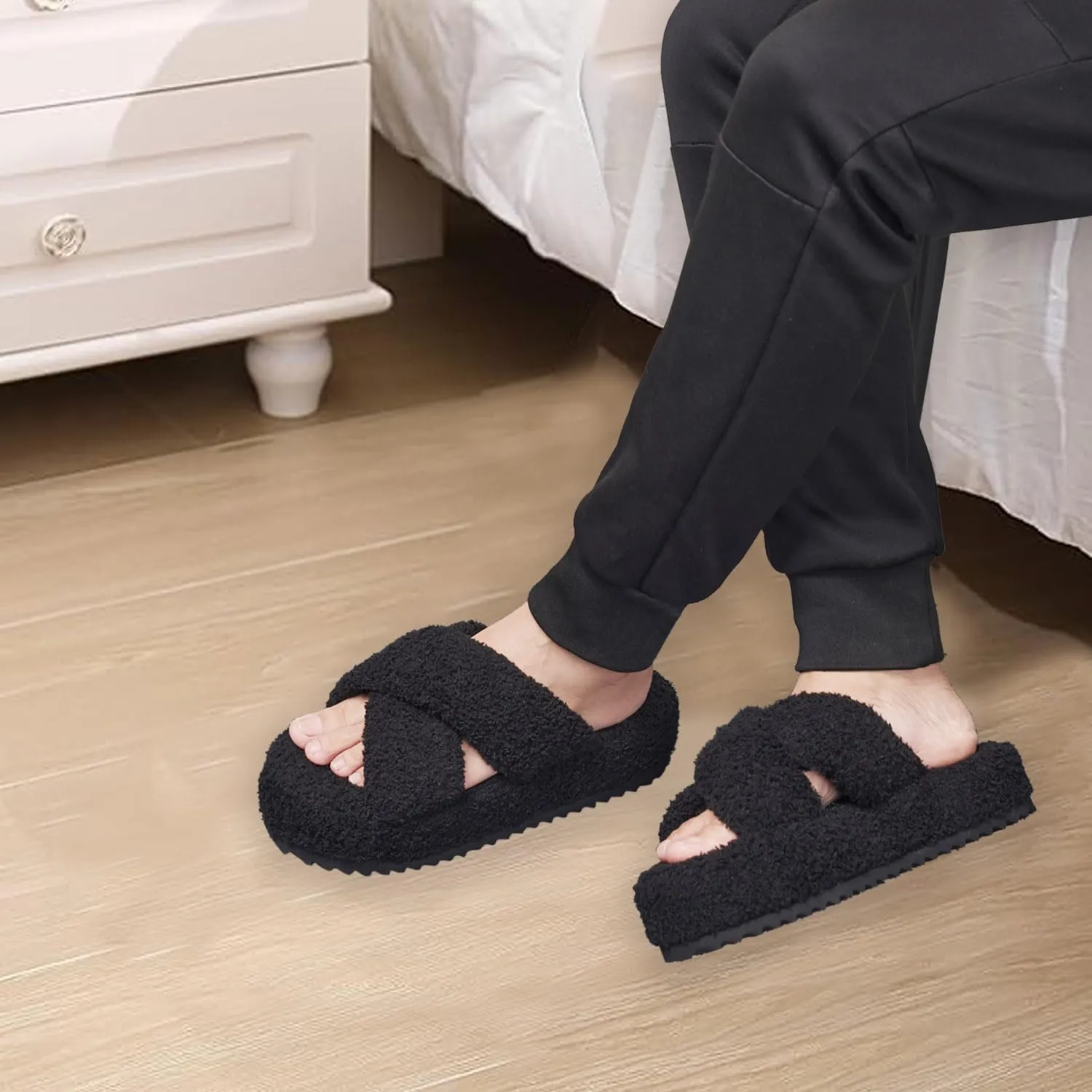 AEROPOSTALE Fuzzy Open Toe Slippers Shoes for Women – Soft Faux Sherpa Fur House Slippers with Memory Foam X Band, Indoor & Outdoor Non-Slip Sole, Fluffy Criss-Cross Design for Bedroom, Spa, and Lounge