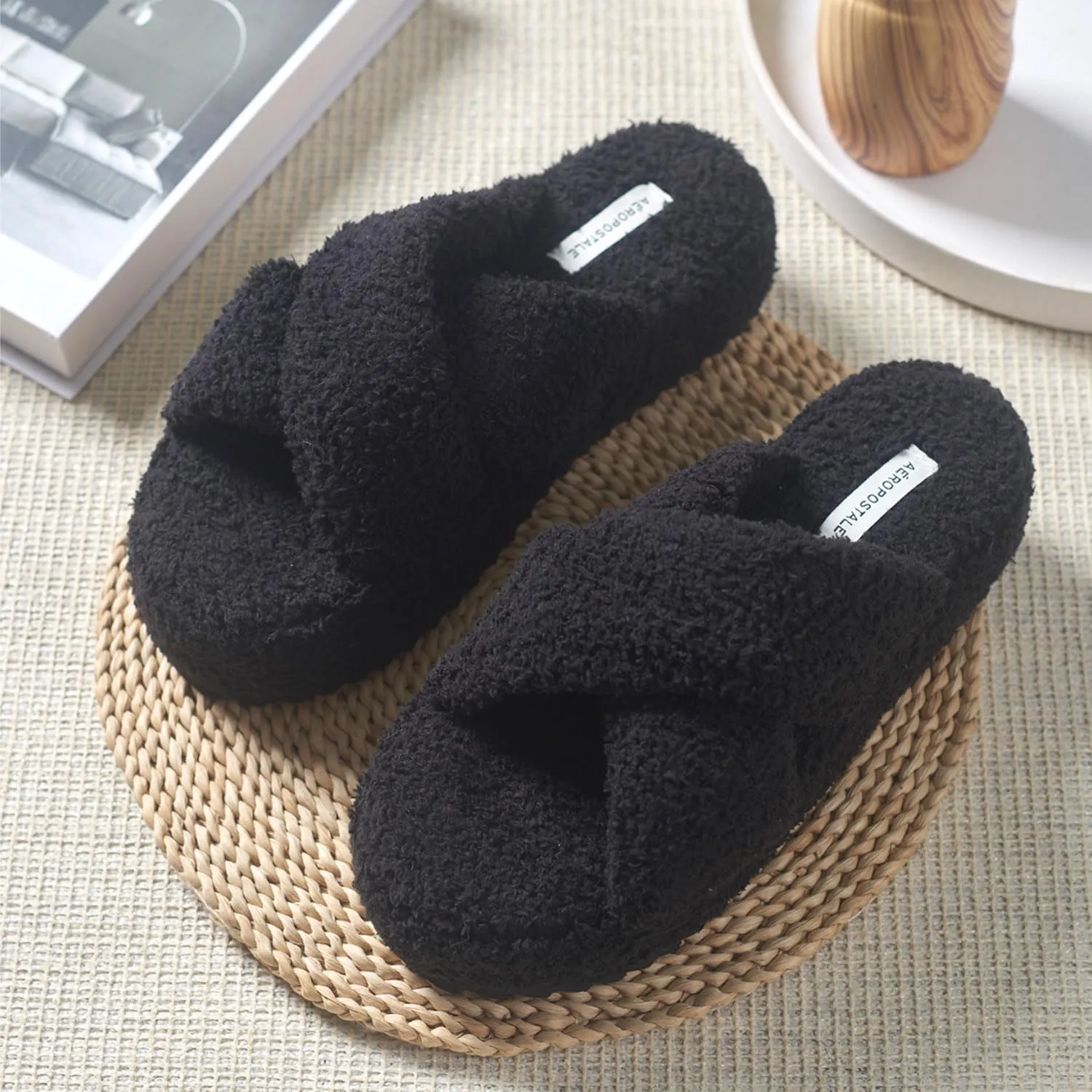 AEROPOSTALE Fuzzy Open Toe Slippers Shoes for Women – Soft Faux Sherpa Fur House Slippers with Memory Foam X Band, Indoor & Outdoor Non-Slip Sole, Fluffy Criss-Cross Design for Bedroom, Spa, and Lounge