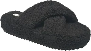 AEROPOSTALE Fuzzy Open Toe Slippers Shoes for Women – Soft Faux Sherpa Fur House Slippers with Memory Foam X Band, Indoor & Outdoor Non-Slip Sole, Fluffy Criss-Cross Design for Bedroom, Spa, and Lounge