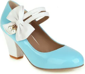 Aflngle Womens Bow Mary Jane Shoes Round Toe Low Closed Chunky Block Heels Sweet Ankle Strap Wedding Evening Party Dress Dating Pumps