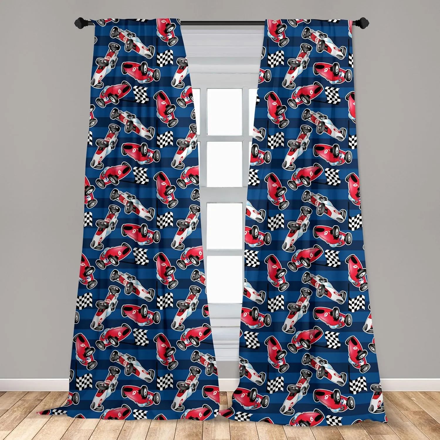 Ambesonne Cars Window Curtains Pack of 2, Vintage Racing Cars on Blue Stripes with Checkered Flags Automobile Sports, Lightweight Set with Rod Pocket, 4 Panels of - 28" x 95", Navy Blue