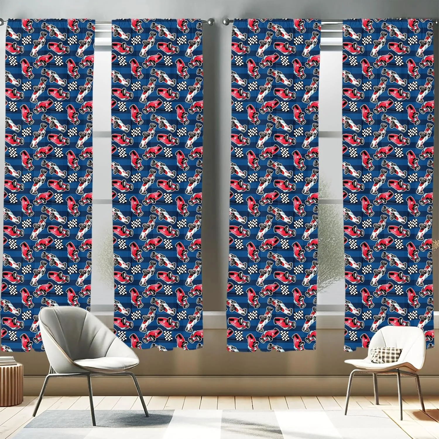 Ambesonne Cars Window Curtains Pack of 2, Vintage Racing Cars on Blue Stripes with Checkered Flags Automobile Sports, Lightweight Set with Rod Pocket, 4 Panels of - 28" x 95", Navy Blue
