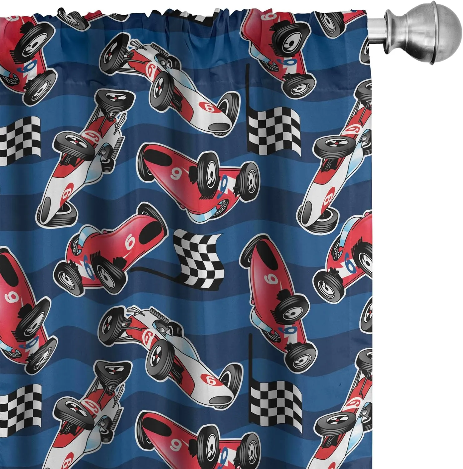 Ambesonne Cars Window Curtains Pack of 2, Vintage Racing Cars on Blue Stripes with Checkered Flags Automobile Sports, Lightweight Set with Rod Pocket, 4 Panels of - 28" x 95", Navy Blue