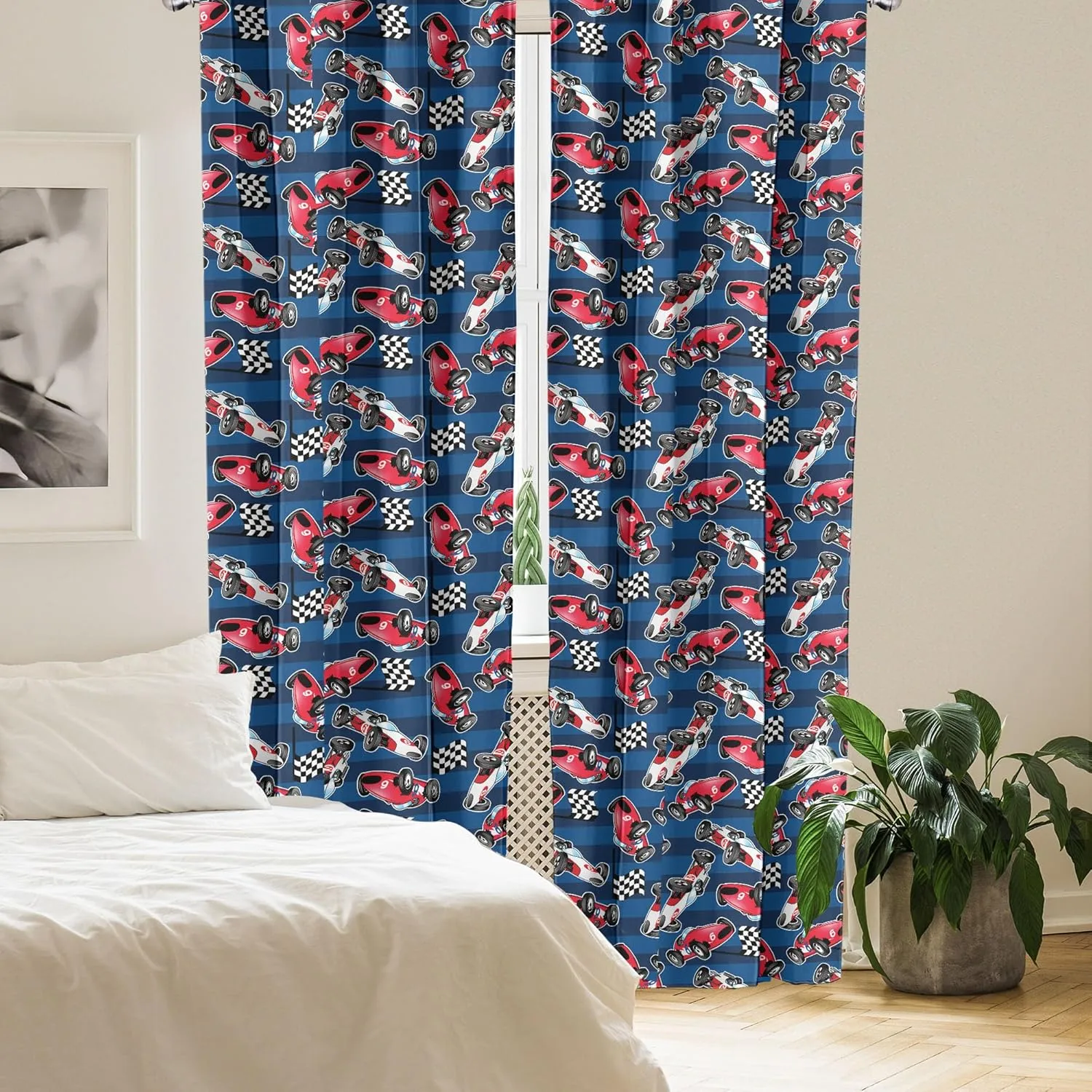 Ambesonne Cars Window Curtains Pack of 2, Vintage Racing Cars on Blue Stripes with Checkered Flags Automobile Sports, Lightweight Set with Rod Pocket, 4 Panels of - 28" x 95", Navy Blue