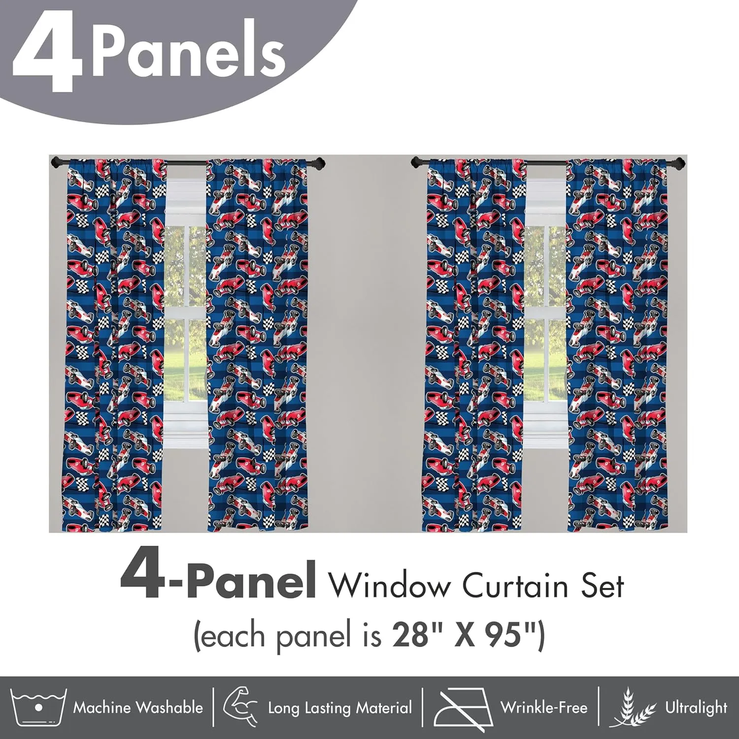 Ambesonne Cars Window Curtains Pack of 2, Vintage Racing Cars on Blue Stripes with Checkered Flags Automobile Sports, Lightweight Set with Rod Pocket, 4 Panels of - 28" x 95", Navy Blue