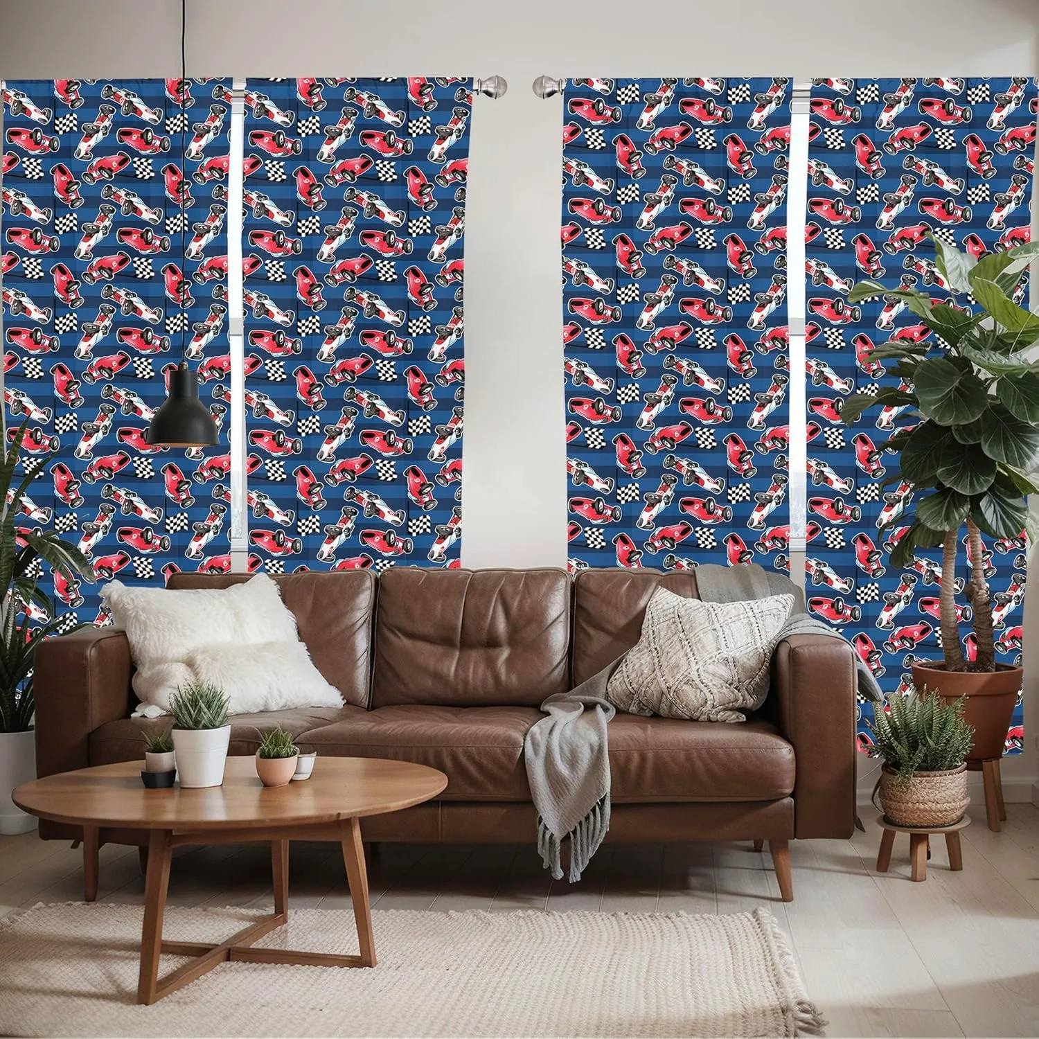 Ambesonne Cars Window Curtains Pack of 2, Vintage Racing Cars on Blue Stripes with Checkered Flags Automobile Sports, Lightweight Set with Rod Pocket, 4 Panels of - 28" x 95", Navy Blue