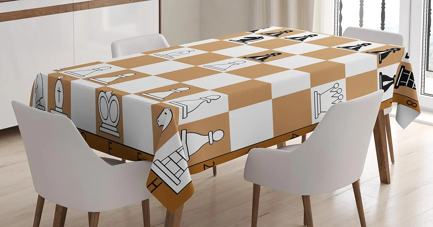 Ambesonne Chess Art Tablecloth, Opening Position on Checkered Letters Numbers Squares Pieces Print, Rectangular Table Cover for Dining Room Kitchen Decor, 52" X 70", Pale Brown Black Brown