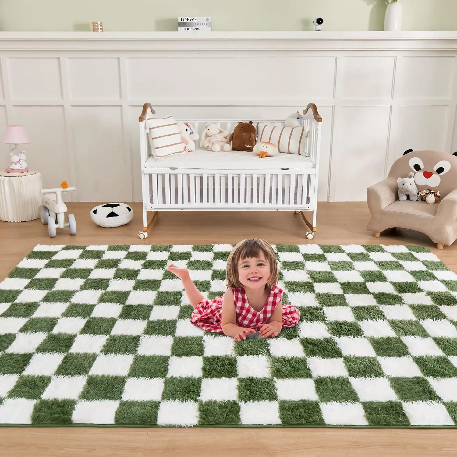 Andency 5x7 Ft Green and White Area Rug for Living Room Classic Checkered Shaggy Rug Non-Slip High Pile Soft Fluffy Rug Fuzzy Carpet Bedroom Kids Toddler Room Nursery Playroom, Cute Dorm Home Decor