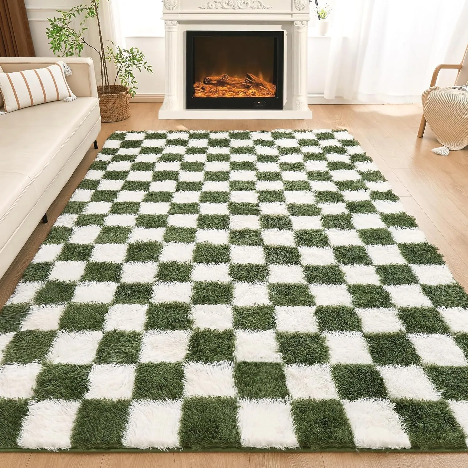Andency 5x7 Ft Green and White Area Rug for Living Room Classic Checkered Shaggy Rug Non-Slip High Pile Soft Fluffy Rug Fuzzy Carpet Bedroom Kids Toddler Room Nursery Playroom, Cute Dorm Home Decor