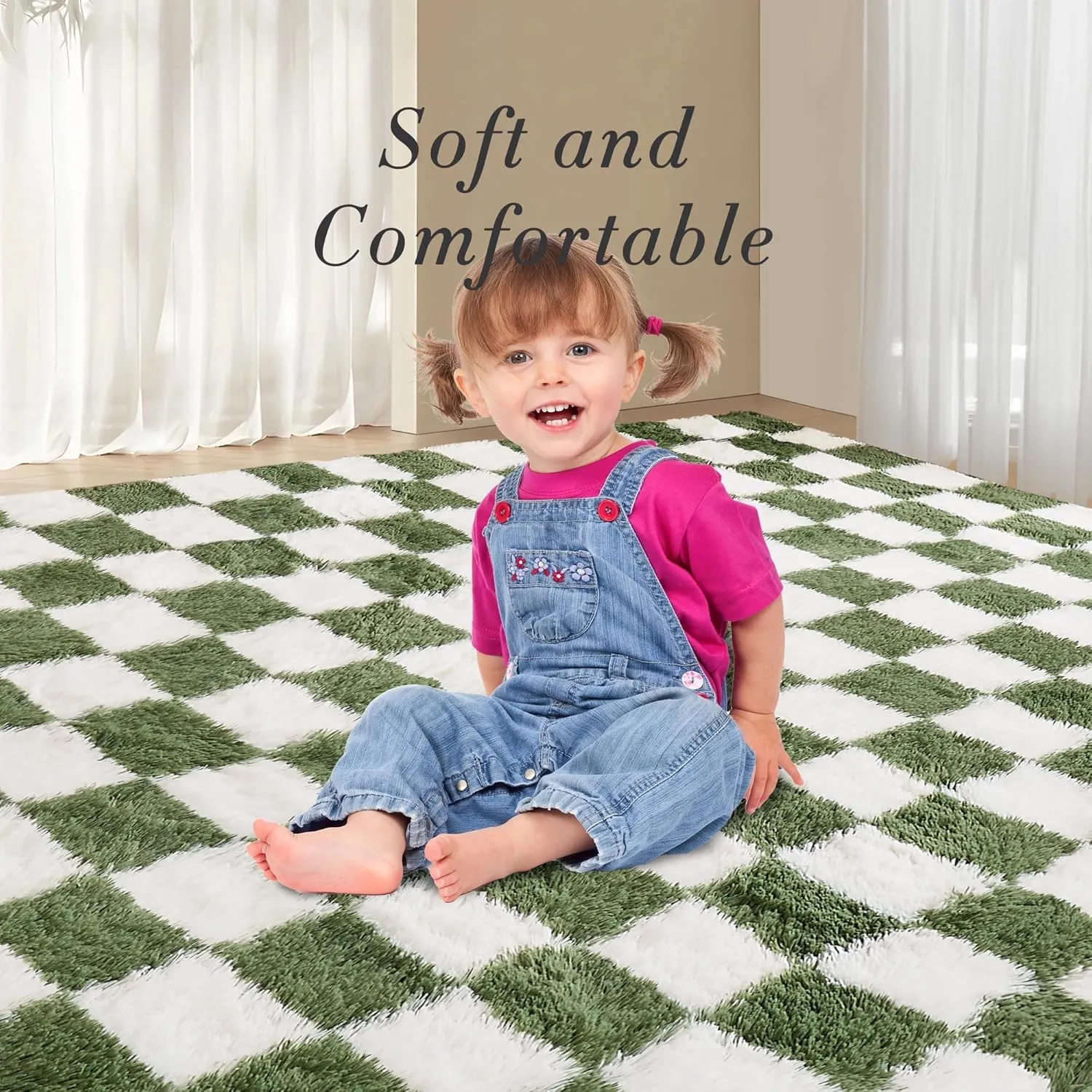 Andency 5x7 Ft Green and White Area Rug for Living Room Classic Checkered Shaggy Rug Non-Slip High Pile Soft Fluffy Rug Fuzzy Carpet Bedroom Kids Toddler Room Nursery Playroom, Cute Dorm Home Decor