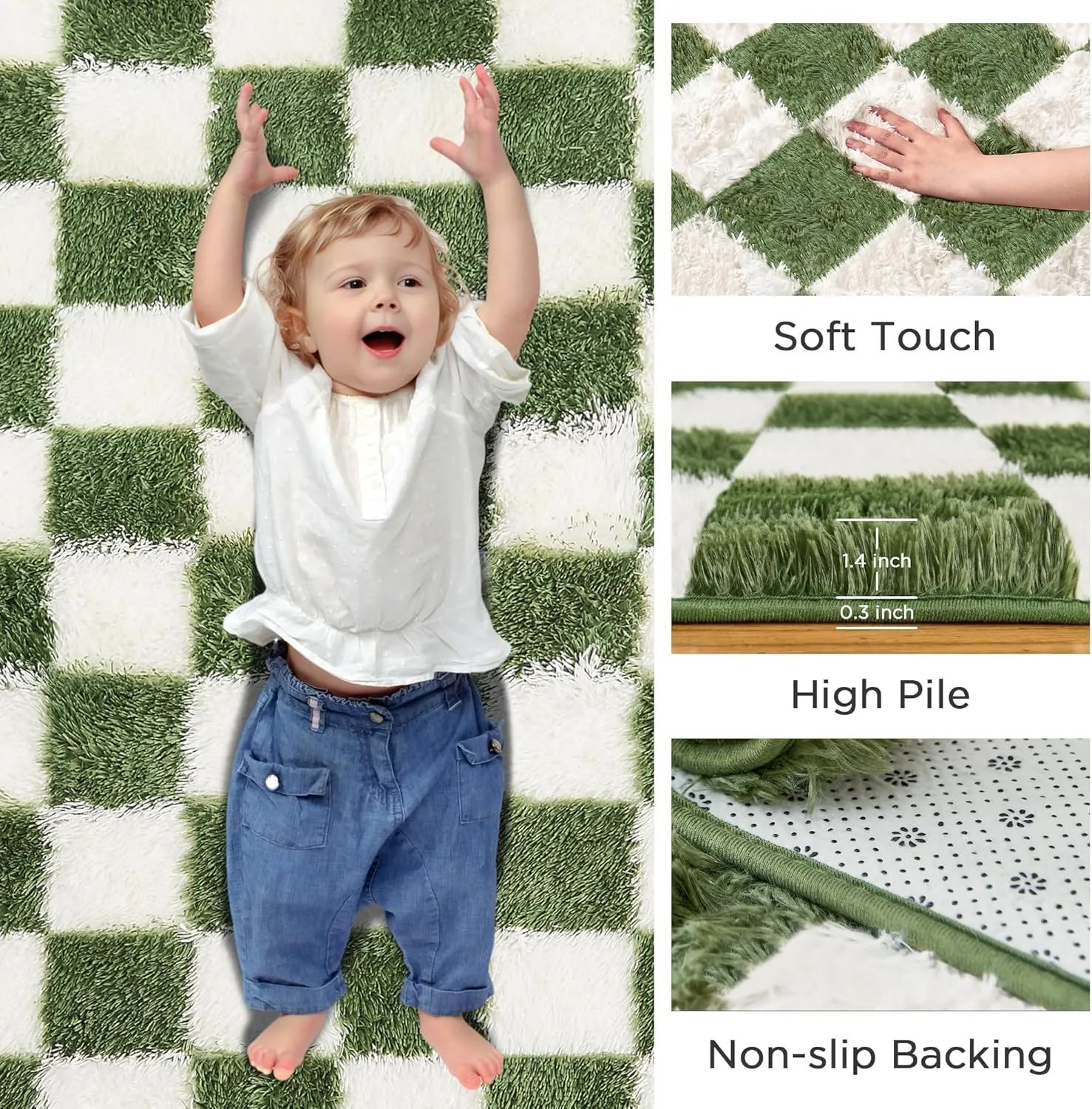Andency 5x7 Ft Green and White Area Rug for Living Room Classic Checkered Shaggy Rug Non-Slip High Pile Soft Fluffy Rug Fuzzy Carpet Bedroom Kids Toddler Room Nursery Playroom, Cute Dorm Home Decor