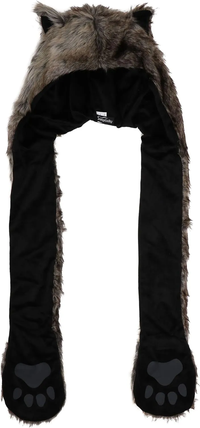 Animal Hood Hat Scarf and Mitten Gloves 3-in-1 Multifunction Furry Hoodie