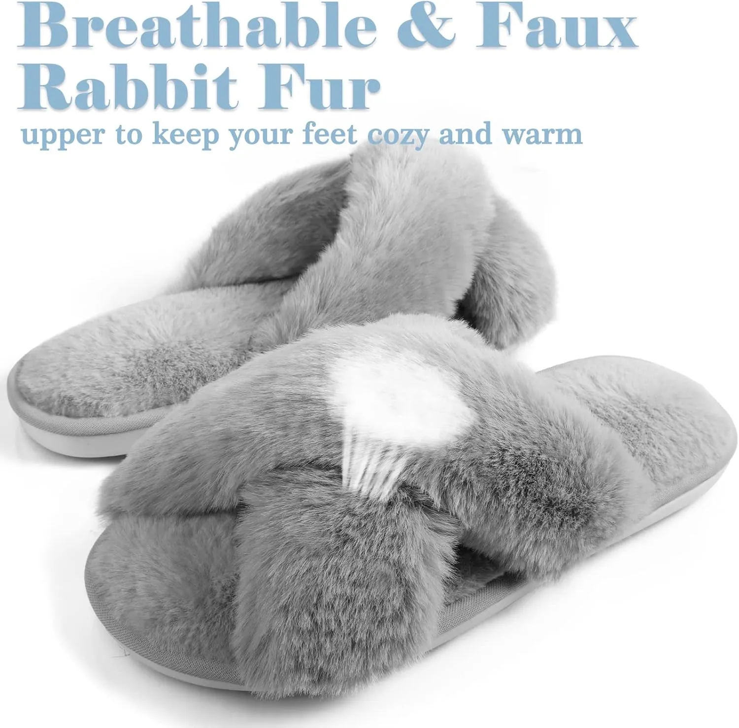 Ankis Women's Plush Slippers with Cross Band, Warm Slippers, 2 Pairs of Memory Foam and Open Toe, Fluffy Slippers for Indoor and Outdoor Use (White, Black, Grey, Pink, Camel)