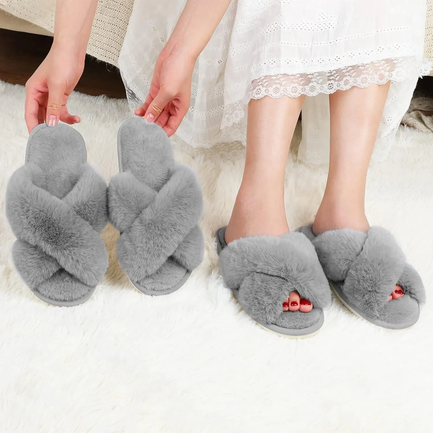 Ankis Women's Plush Slippers with Cross Band, Warm Slippers, 2 Pairs of Memory Foam and Open Toe, Fluffy Slippers for Indoor and Outdoor Use (White, Black, Grey, Pink, Camel)
