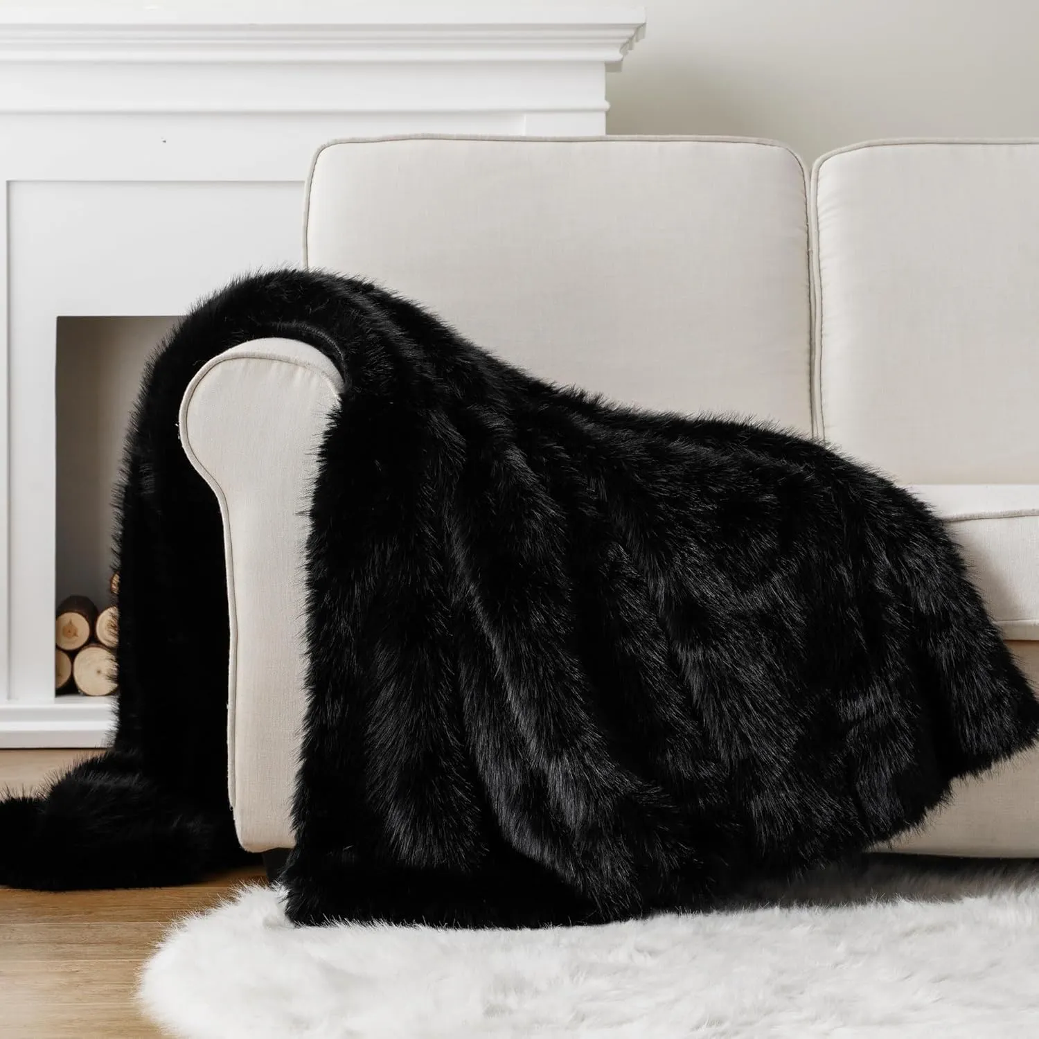 BATTILO HOME Luxury Black Faux Fur Throw Blanket, Large Cozy Warm Fluffy Fur Blanket for Bed,Couch, Sofa, Chair, Black Fur Throws with Long Pile, 60"x80"