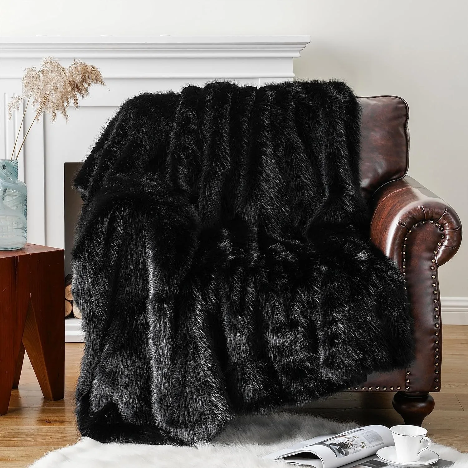 BATTILO HOME Luxury Black Faux Fur Throw Blanket, Large Cozy Warm Fluffy Fur Blanket for Bed,Couch, Sofa, Chair, Black Fur Throws with Long Pile, 60"x80"