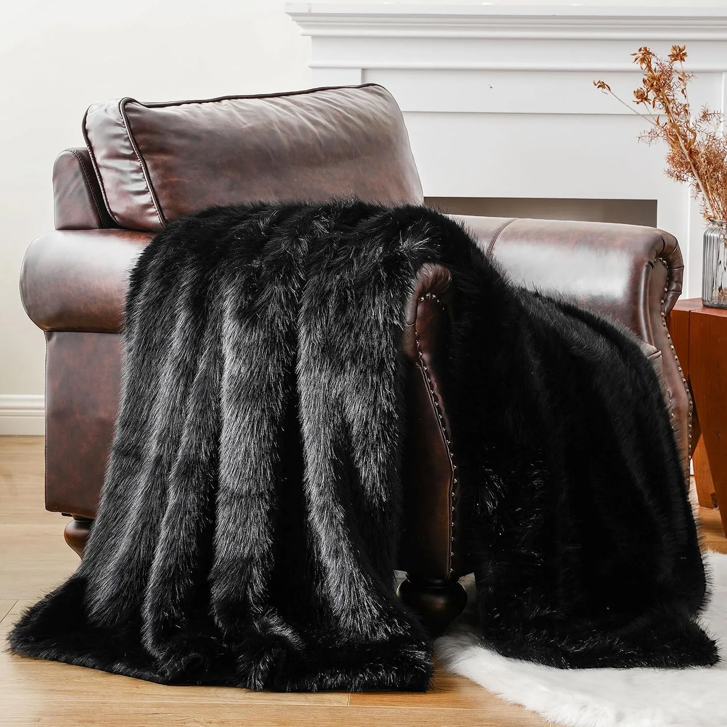 BATTILO HOME Luxury Black Faux Fur Throw Blanket, Large Cozy Warm Fluffy Fur Blanket for Bed,Couch, Sofa, Chair, Black Fur Throws with Long Pile, 60"x80"