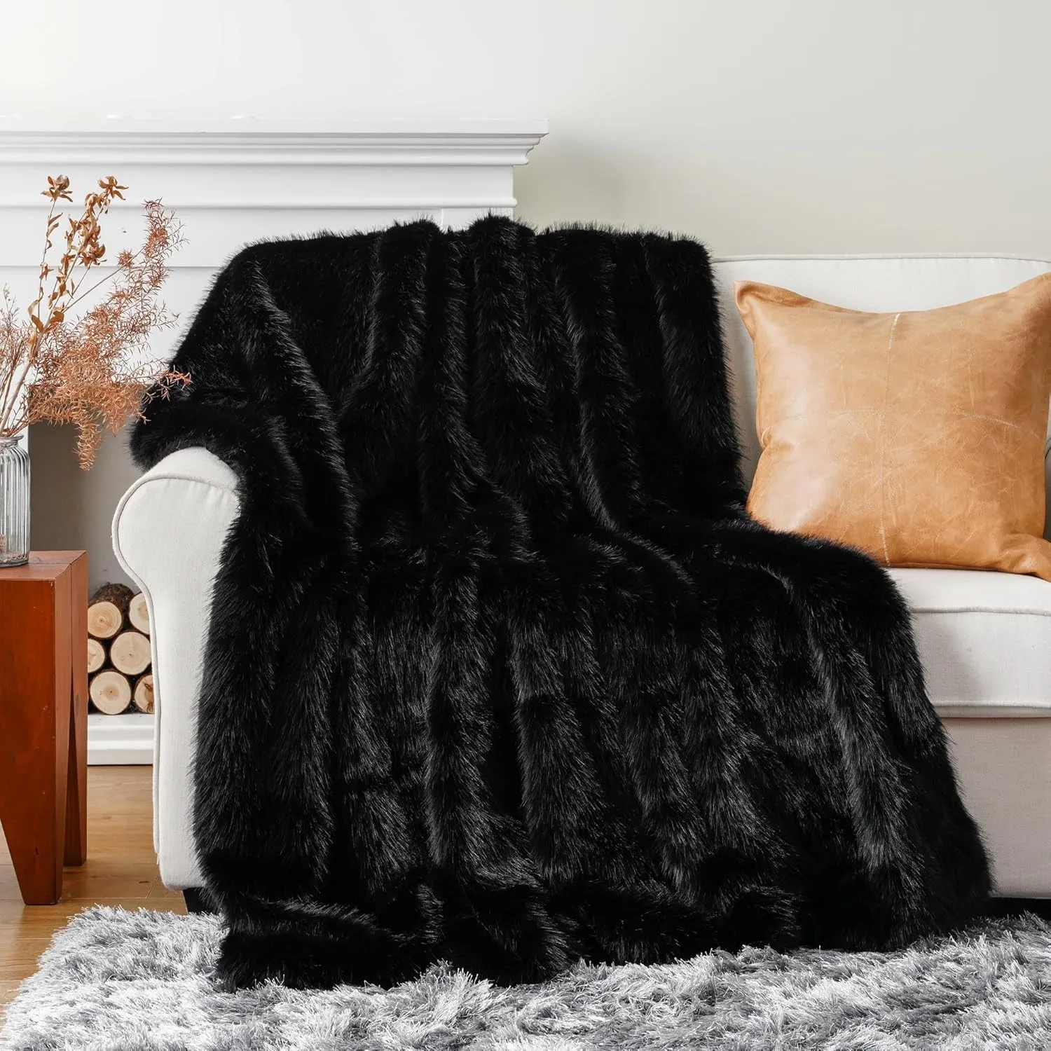 BATTILO HOME Luxury Black Faux Fur Throw Blanket, Large Cozy Warm Fluffy Fur Blanket for Bed,Couch, Sofa, Chair, Black Fur Throws with Long Pile, 60"x80"