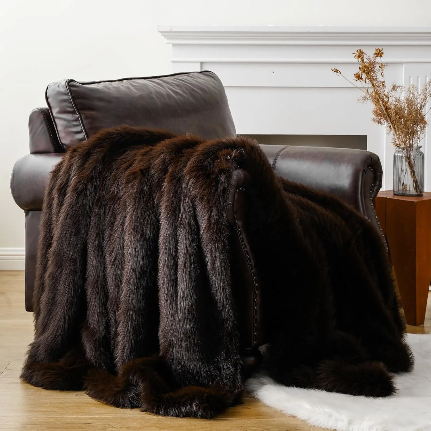 BATTILO HOME Luxury Brown Faux Fur Throw Blanket, Large Soft Warm Cozy Fuzzy Fluffy Fur Blankets and Throws for Bed, Home Decor, King Size Fur Blanket with Long Pile, 60"x80"
