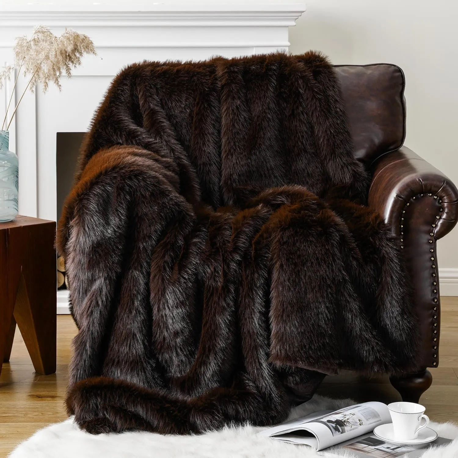 BATTILO HOME Luxury Brown Faux Fur Throw Blanket, Large Soft Warm Cozy Fuzzy Fluffy Fur Blankets and Throws for Bed, Home Decor, King Size Fur Blanket with Long Pile, 60"x80"