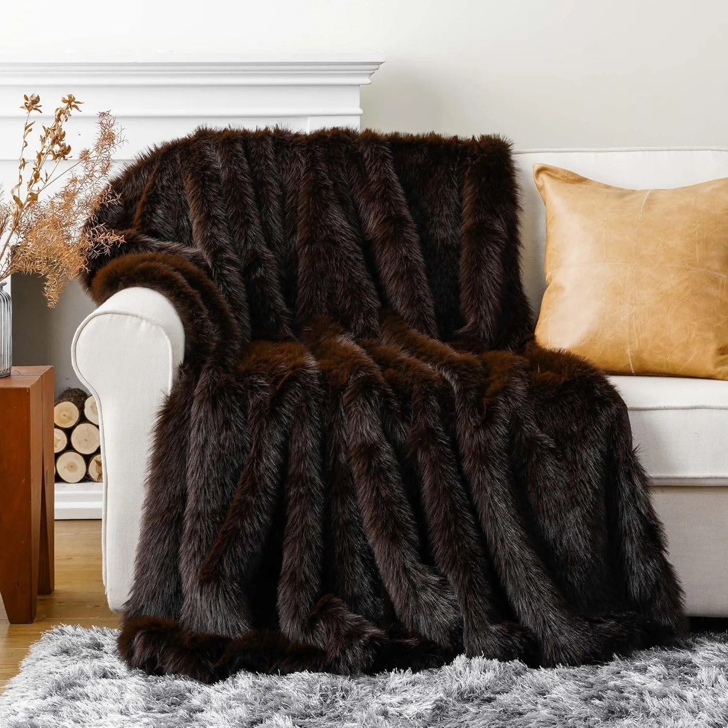 BATTILO HOME Luxury Brown Faux Fur Throw Blanket, Large Soft Warm Cozy Fuzzy Fluffy Fur Blankets and Throws for Bed, Home Decor, King Size Fur Blanket with Long Pile, 60"x80"