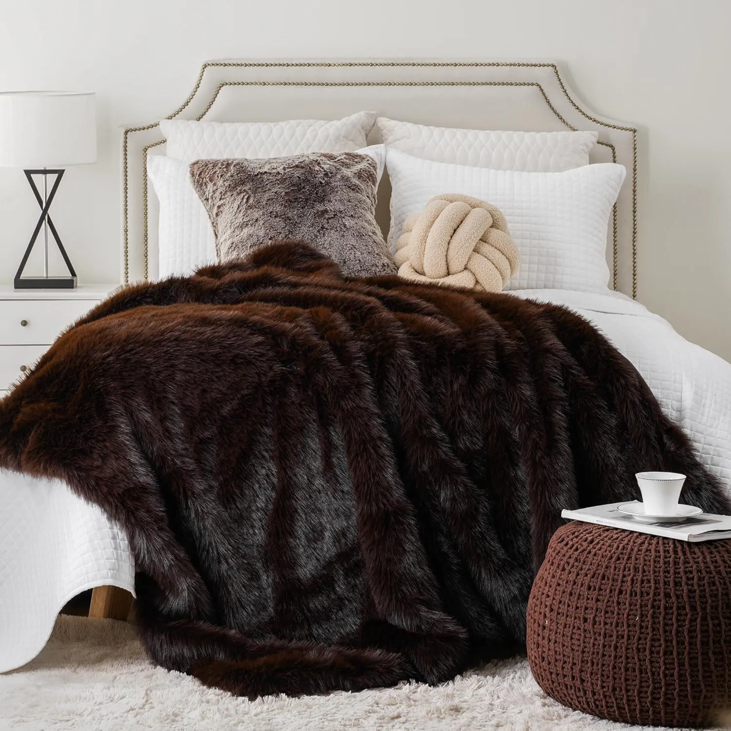 BATTILO HOME Luxury Brown Faux Fur Throw Blanket, Large Soft Warm Cozy Fuzzy Fluffy Fur Blankets and Throws for Bed, Home Decor, King Size Fur Blanket with Long Pile, 60"x80"