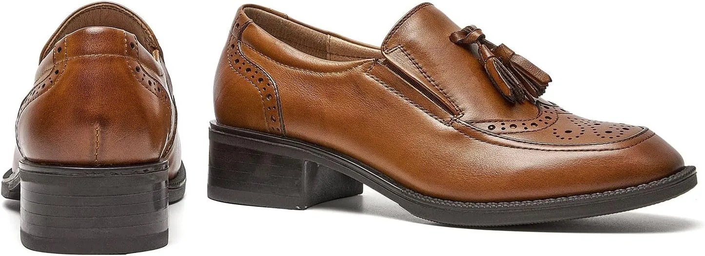 BEAU TODAY Women Loafers, Leather Tassel Loafers Women, Low Heel Flat Loafer, Slip On Square Toe Loafer, Comfortable Business Casual Dressy Brogues Shoes