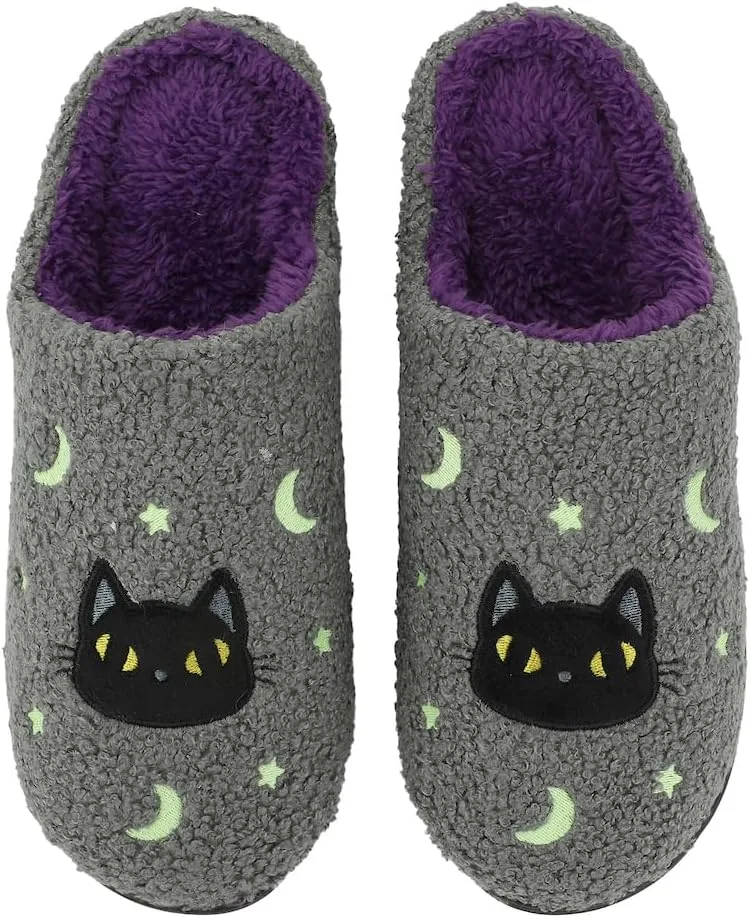 Bioworld Halloween Black Cat Glow Moon & Stars Adult Gray Scuff Slippers