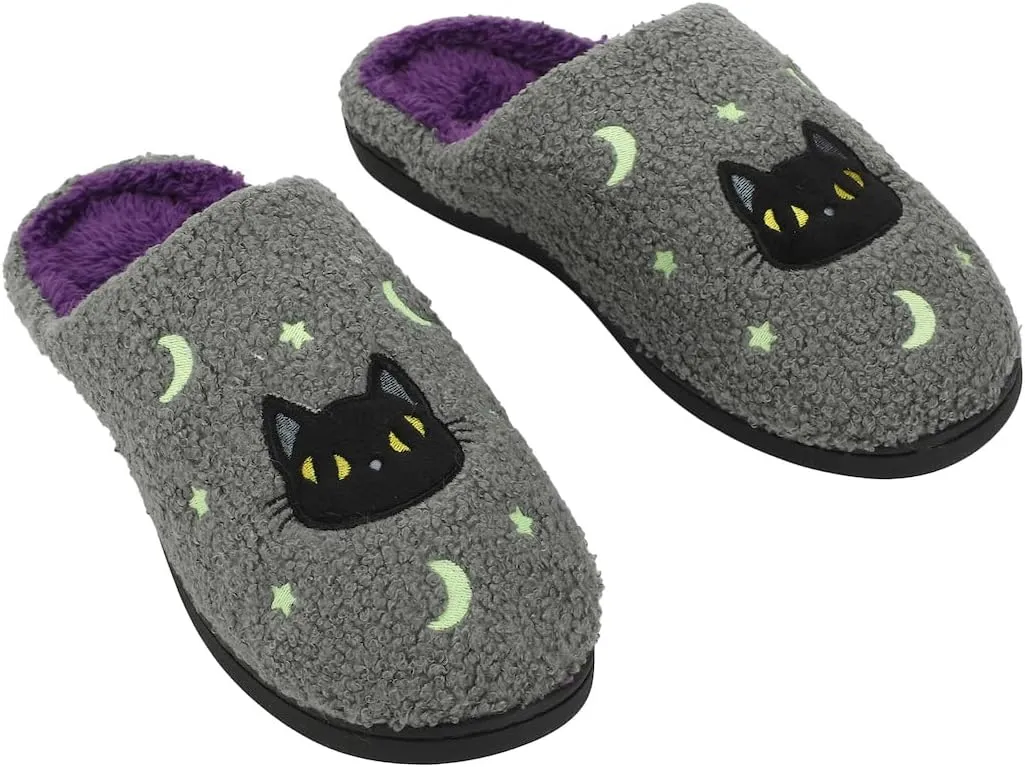 Bioworld Halloween Black Cat Glow Moon & Stars Adult Gray Scuff Slippers