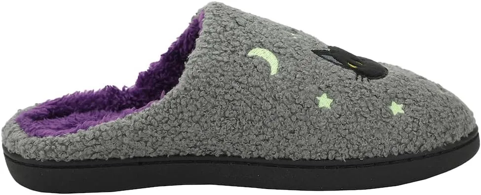 Bioworld Halloween Black Cat Glow Moon & Stars Adult Gray Scuff Slippers