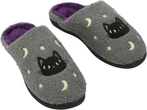 Bioworld Halloween Black Cat Glow Moon & Stars Adult Gray Scuff Slippers