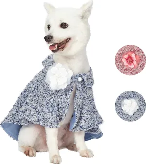 Blueberry Pet Marled Carolina Blue All-Weather Handmade Knit Dog Poncho Cape with Detachable Necklace & Flower, Back Length 14", Pack of 1 Clothes for Dogs