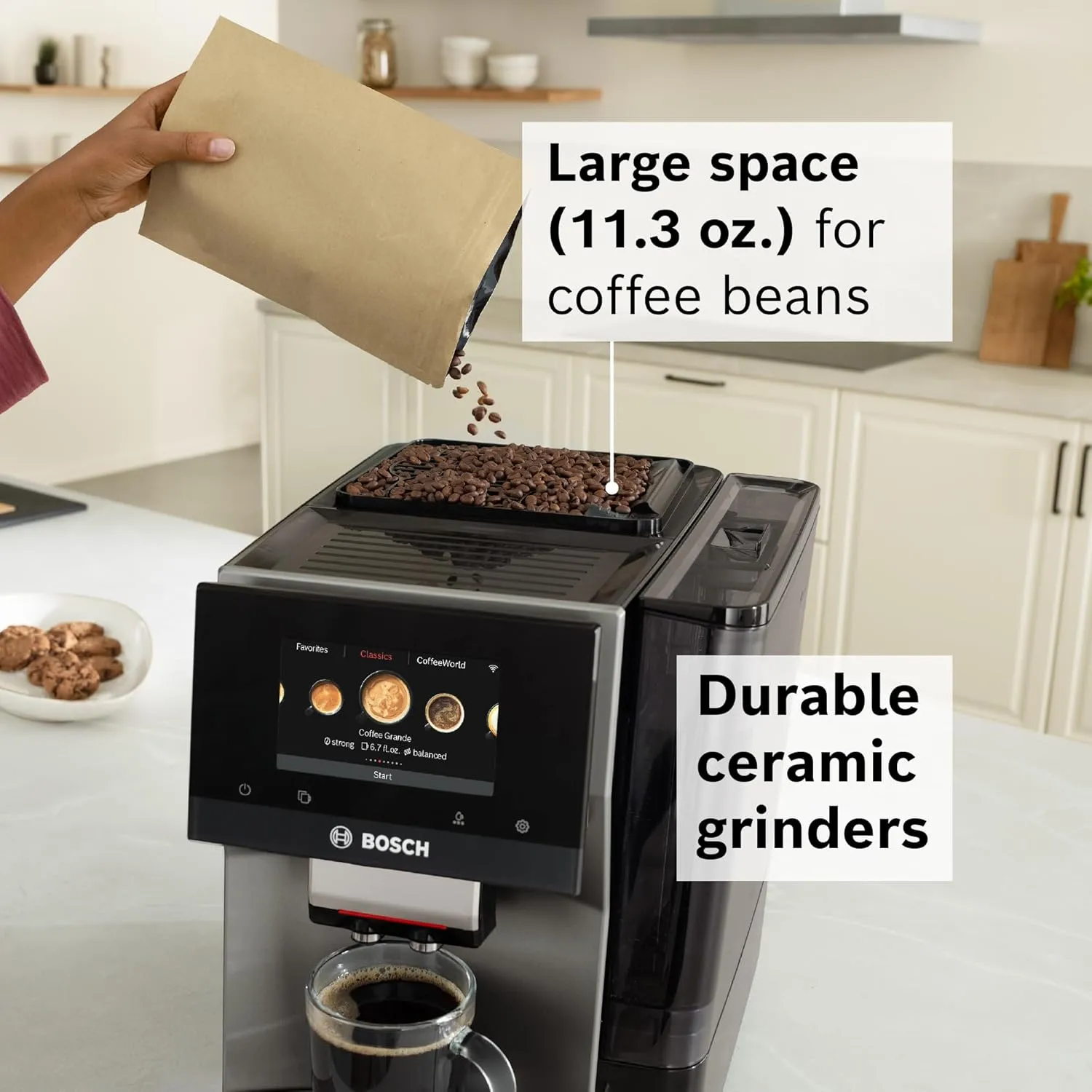 Bosch TPU60501 800 Series VeroCafe Fully Automatic Espresso Machine with Home Connect, Glass Milk Container, 36 Beverage Varieties with Coffee World, Double Cup, in Metallic Silver